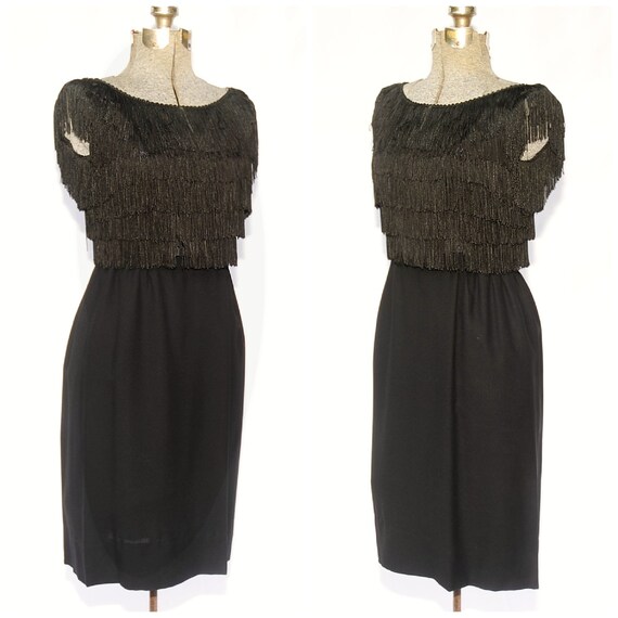 Vintage 50's / Sexy Black Crepe & Fringe Sleevele… - image 4