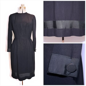 Vintage 50&#39;s 60&#39;s / Black Crepe Day Dress / Grosgrain Ribbon and Button Hem & Cuffs / S-M