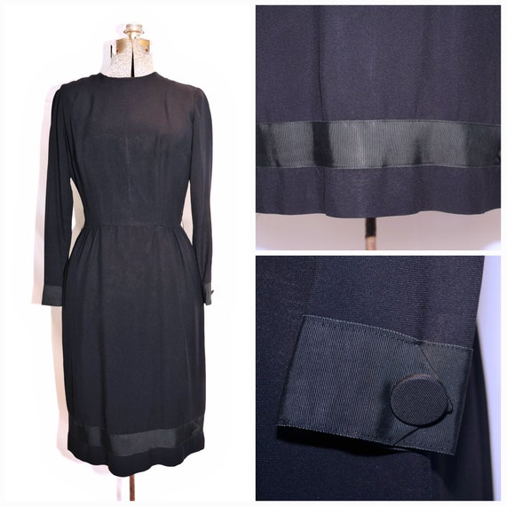 Vintage 50's 60's / Black Crepe Day Dress / Grosg… - image 1