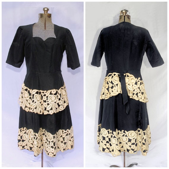Vintage 40's 50's / Black Fit Flare Party Dress I… - image 1