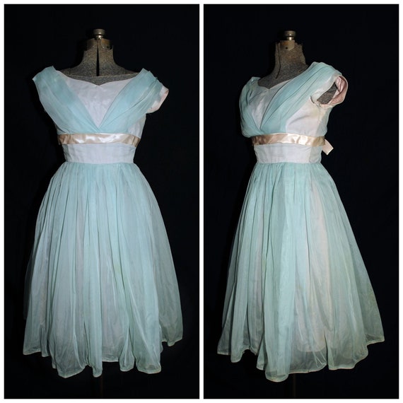 Vintage 50's / Pale Blue Chiffon & Petal Pink Sat… - image 1