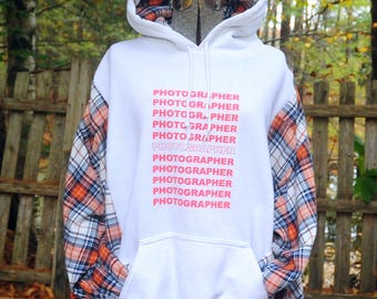 PHOTOGRAPHER Preme Magazine / Upcycled Reconstructed Hoodie White Sweatshirt / XL  / Plaid Sleeves