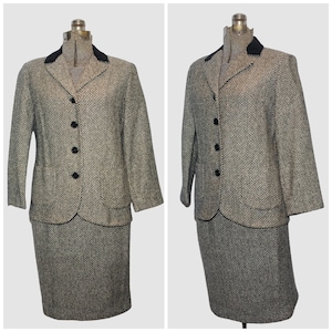 Vintage 70&#39;s / Black & Ivory Herringbone Check Wool Skirt Suit / Size S-M / by Sportster Inc.