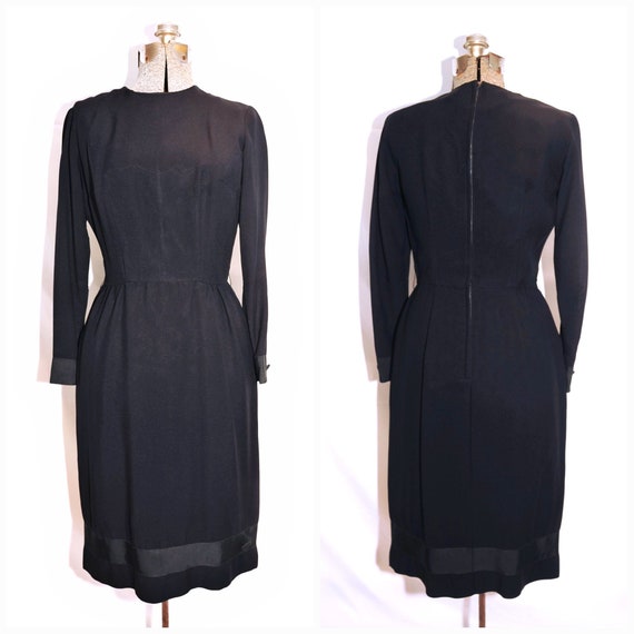 Vintage 50's 60's / Black Crepe Day Dress / Grosg… - image 7