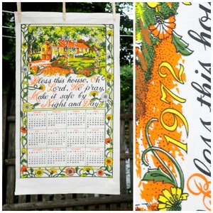 VTG 1972 Cotton Calendar Tea Towel / &#39;Bless This House&#39; Prayer / Yellow House  Design / Birthday Anniversary Gift