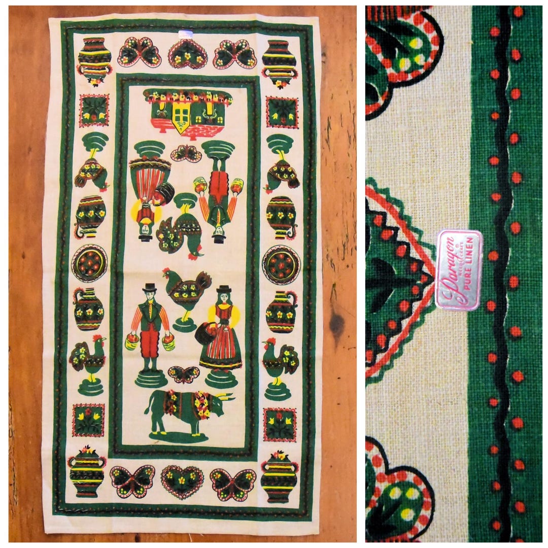 VTG Folk Art Linen Tea Towel / Folk Couple and House / Border Design ...