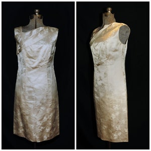 Vintage 60&#39;s / Ivory Satin Floral Print Cheongsam Sheath Dress / S-M / Rita Originals, San Francisco
