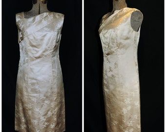 Vintage 60's / Ivory Satin Floral Print Cheongsam Sheath Dress / S-M / Rita Originals, San Francisco