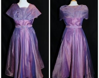 Vintage 60's / Lavender & Purple Organza Party Prom Gown / Draped Neckline / SM / Self Belt