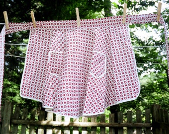 Vintage 60's / Red and White Floral & Medallion Print Cotton Hostess Apron / Semi-Circle Shape