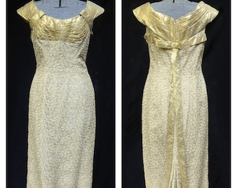 Vintage 50's / Miss Cane New York / Gold Lace & Lame Wiggle Bombshell Dress / Wedding Prom Party / SM