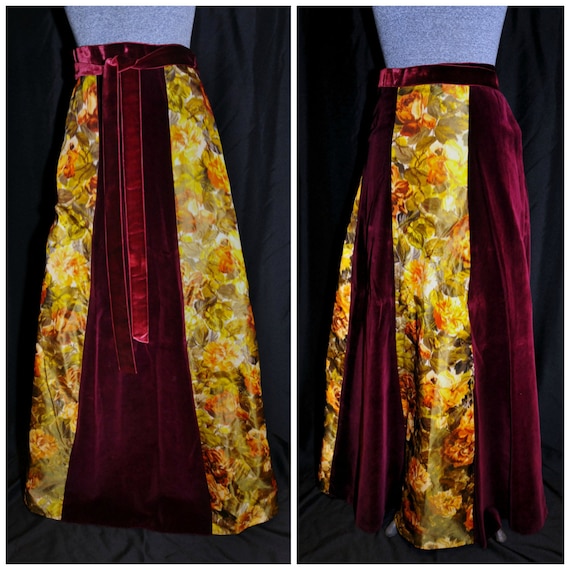 VTG 60's 70's / Burgandy Velvet Floral Maxi Wrap … - image 1