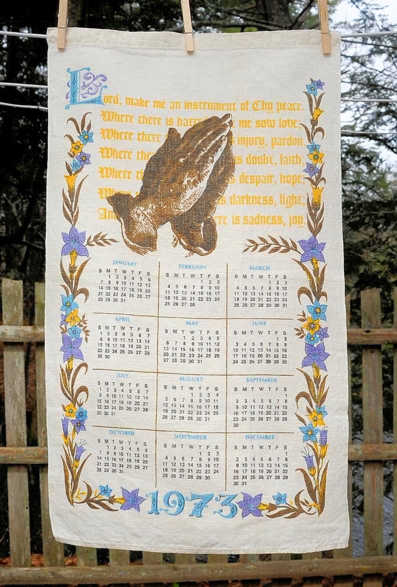 VTG 1973 /'Instrument of Peace/' Prayer Calendar Tea Towel Anniversary Birthday Gift Religious