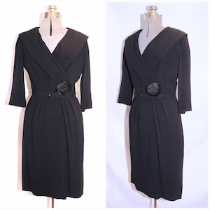 Vintage 50&#39;s / Topaz Original Black Crepe Cocktail Dress / Waist Satin Rose / Self Belt / SM