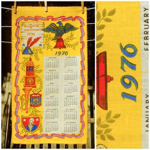 VTG 1976 / Calendar Towel Bicentennial Design /Declaration of Independence Eagle Liberty Bell / Crochet Edge / Birthday Anniversary