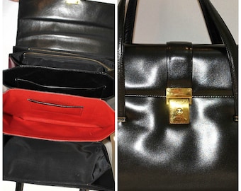 Vintage Black Leather Handbag Purse / Red Accordion Inside Pocket / Matching Change Purse / England