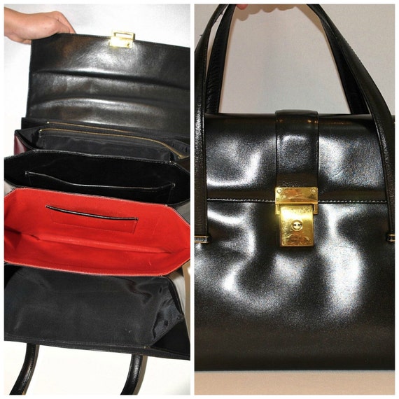 Vintage Black Leather Handbag Purse / Red Accordi… - image 1
