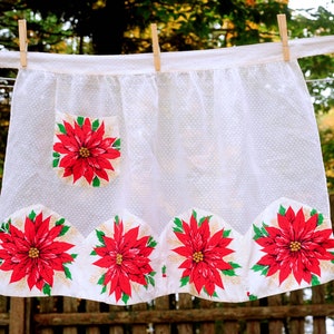 Vintage Christmas Apron / White Illusion Dotted Swiss with Red Cotton Poinsettias / Hostess Half Apron