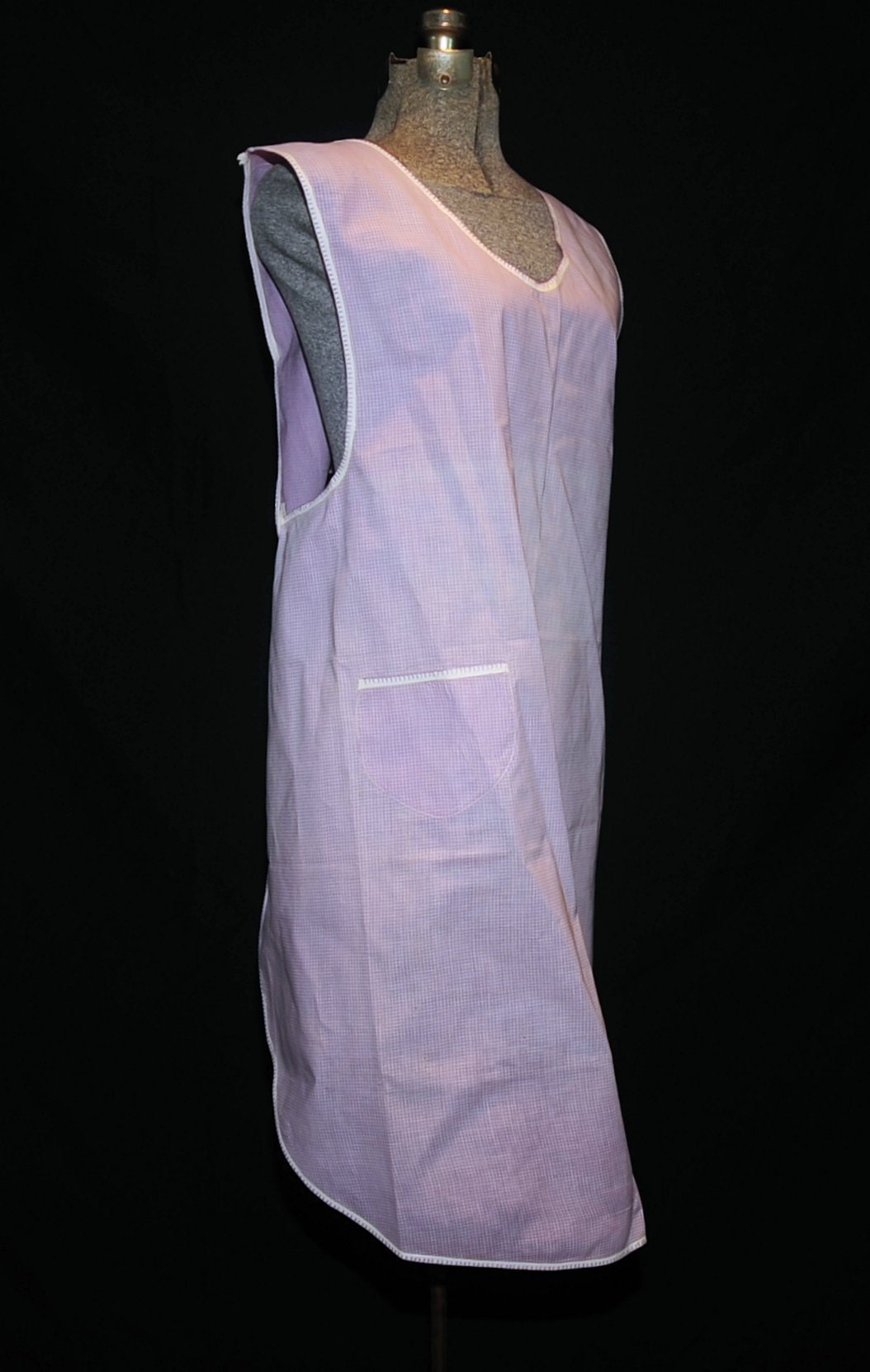 Vintage 60's / Lavender Check Long Smock Cotton Apron / 2button Back