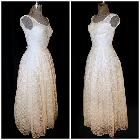 VTG 50's / Ivory Floral Lace Prom Formal Wedding … - image 4