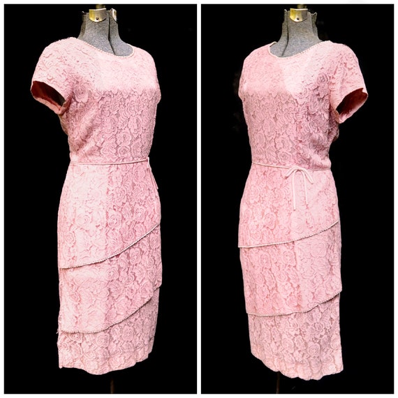 Vintage 50's 60's / Pink Diagonal Layered Lace Sh… - image 7