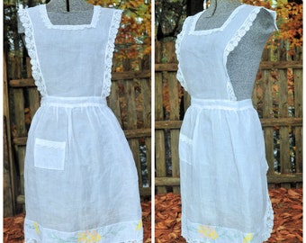 VTG 60's / White Illusion Fancy Full Bib Apron / Floral Painted Hem / Bridal Shower