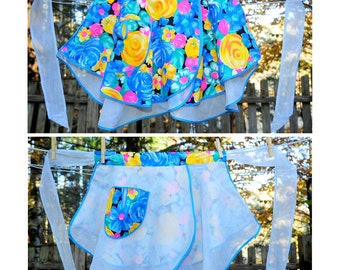 Vintage 60's / Bright Mod Floral & Illusion REVERSIBLE Fancy Hostess Apron / with Pockets