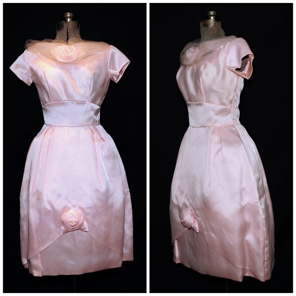 VTG 50's 60's / Blush Pink Duchess Satin Party Prom Dress / Large Rose Accents / Med / ILGWU AFLCIO Label