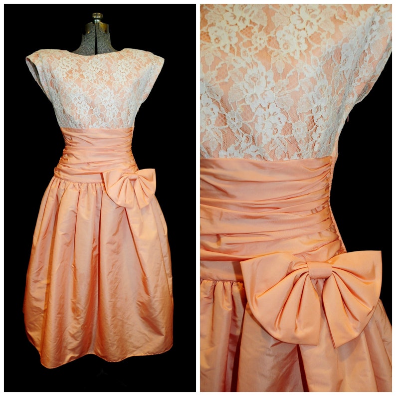 VTG 80's Patty O'Neil Peach Formal Dress / Size Small / Party Prom Fit Flare Style / Taffeta & Lace ILGWA image 1