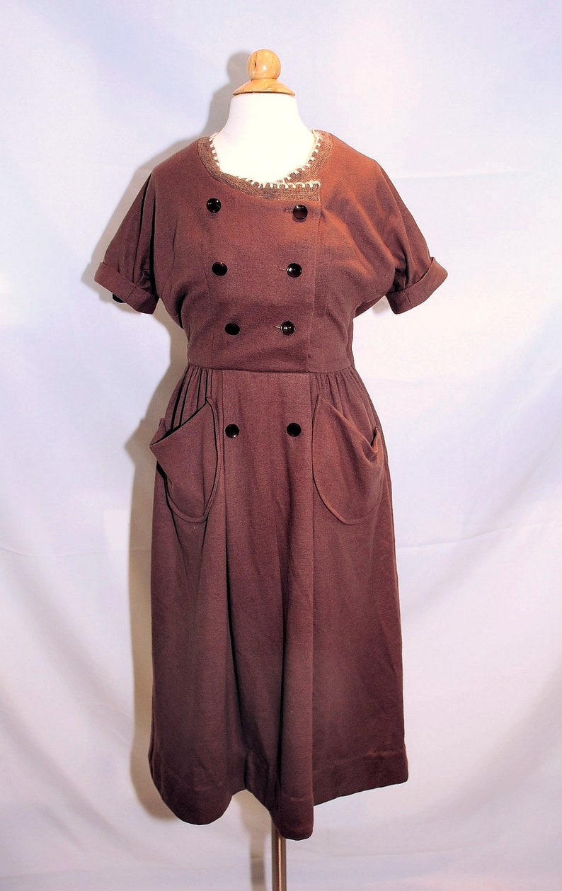 Vintage 1960's / Helen Whiting Brown Wool Day Dress / Button Front / XS-S / Swiss Miss Style image 2