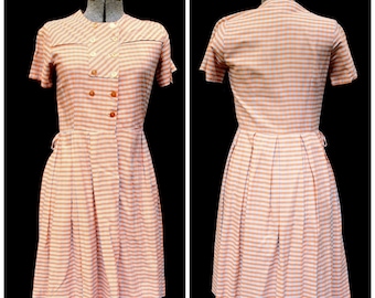 Vintage 50's 60's / Orange & Blue Gingham Style Print / Fit Flare Cotton Day Dress / XS-S