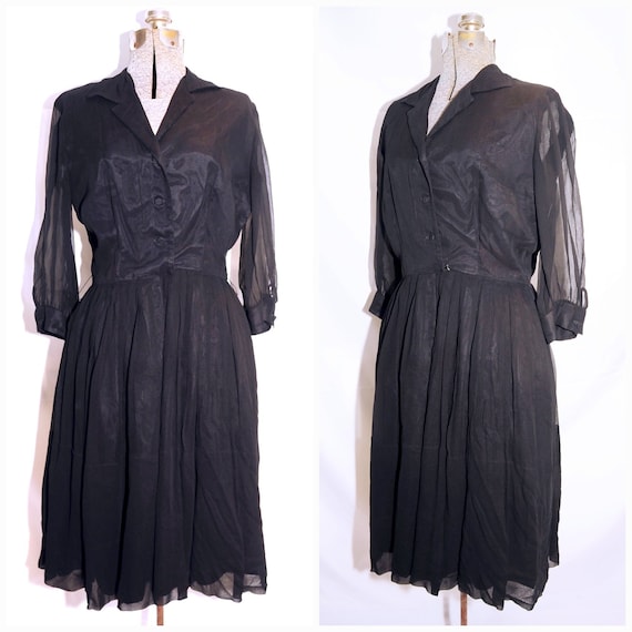 Vintage 50's 60's / Black Chiffon Pleated Day Par… - image 1