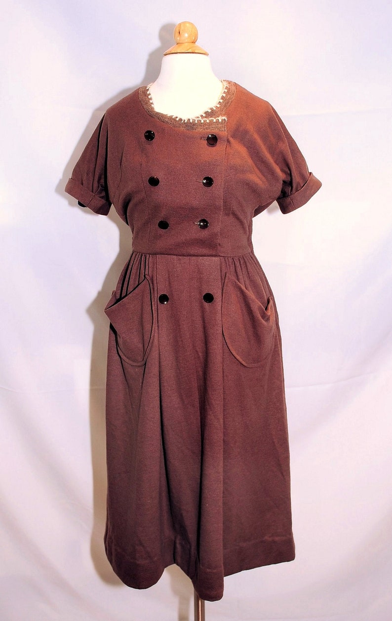 Vintage 1960's / Helen Whiting Brown Wool Day Dress / Button Front / XS-S / Swiss Miss Style image 10