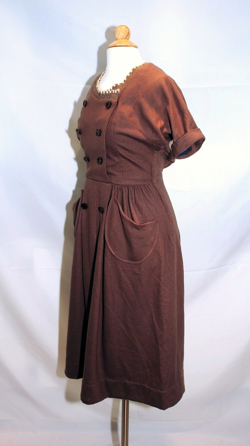Vintage 1960's / Helen Whiting Brown Wool Day Dress / Button Front / XS-S / Swiss Miss Style image 7