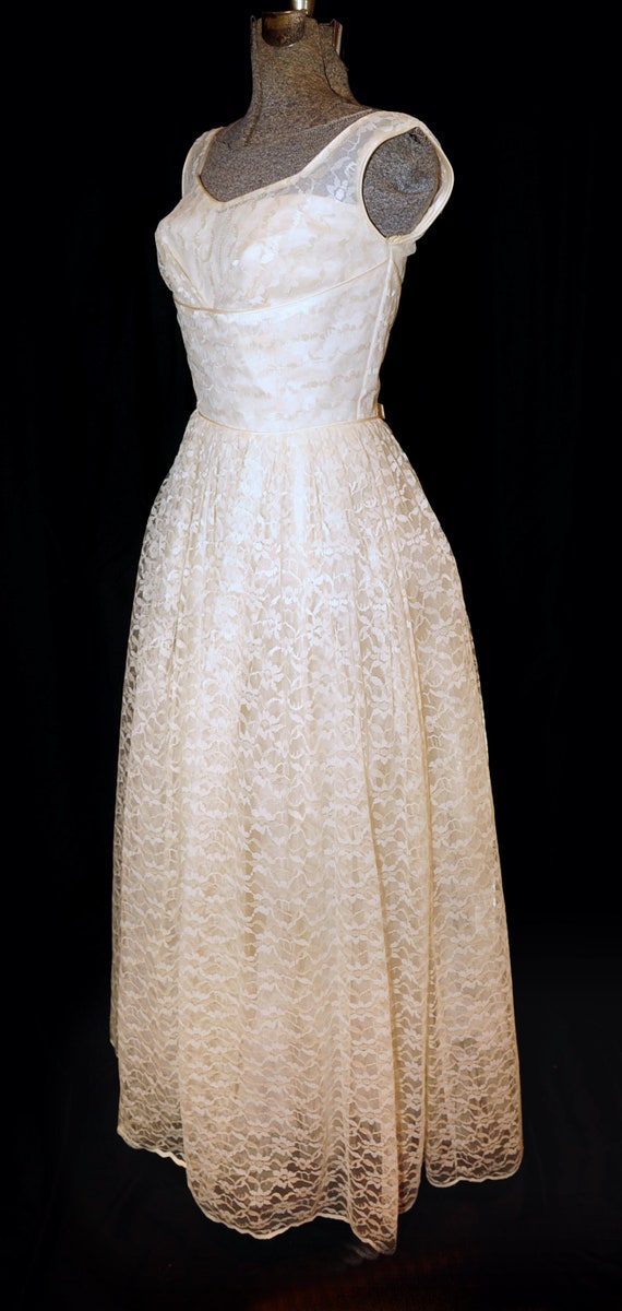 VTG 50's / Ivory Floral Lace Prom Formal Wedding … - image 9