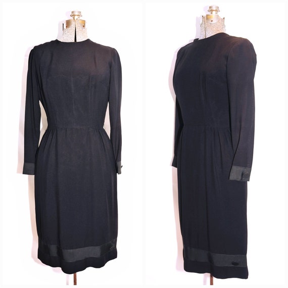 Vintage 50's 60's / Black Crepe Day Dress / Grosg… - image 10