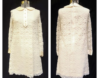 Vintage 60's / Ivory Lace & Satin Shift Dress / Wedding Prom Party / XS-S / Twiggy Look