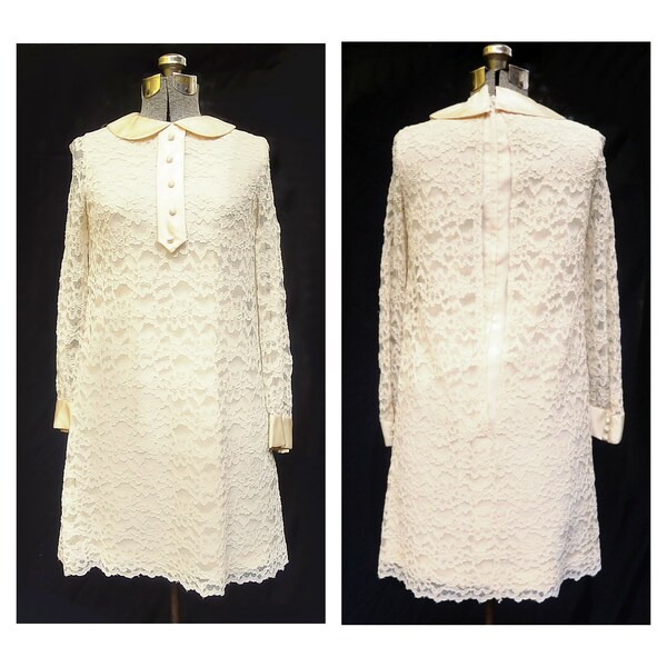 Vintage 60's / Ivory Lace & Satin Shift Dress / Wedding Prom Party / XS-S / Twiggy Look