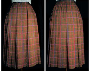 VTG 80's / Jeager London Lightweight Wool Pleated Warm Tarten Plaid Skirt / Size SM