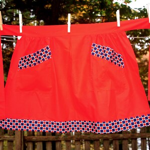 Vintage 60&#39;s / Red Checkers Design Cotton Hostess Half Apron / Checkerboard & Polka Dots