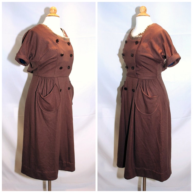 Vintage 1960's / Helen Whiting Brown Wool Day Dress / Button Front / XS-S / Swiss Miss Style image 5