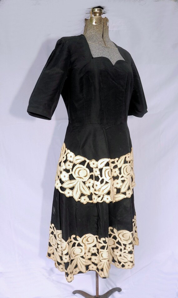 Vintage 40's 50's / Black Fit Flare Party Dress I… - image 7