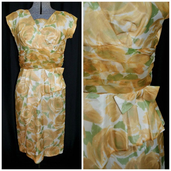 Vintage 50's 60's Floral Sheath Dress / Watercolo… - image 1