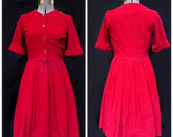 Vintage 50's 60's / Ruby Red Pleated Fine Wale Corduroy / Fit Flare Day Dress / XS-S / Valentine's Day Christmas