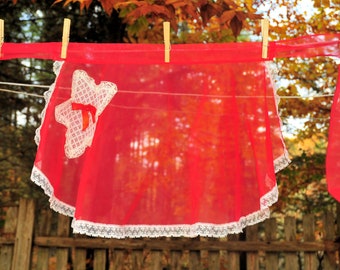 VTG 60's / Red Illusion & Lace Fancy Hostess Apron / Sexy Christmas Valentine's Day 4th of July