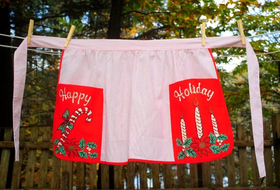 VTG Christmas Hostess Apron / Hand Painted Design / Happy Holidays Candles & Candy Canes