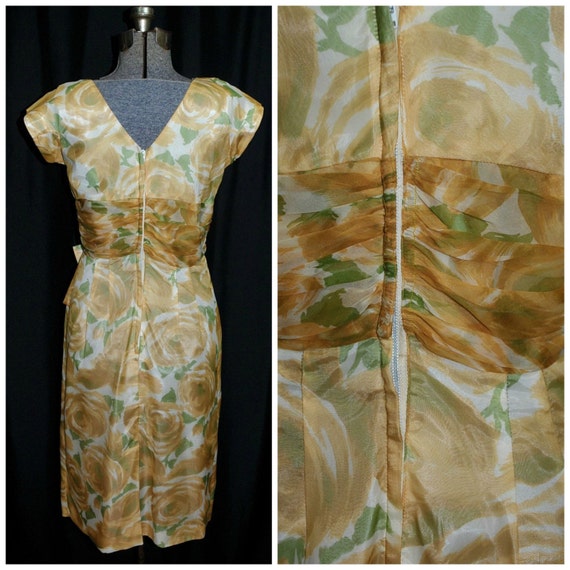 Vintage 50's 60's Floral Sheath Dress / Watercolo… - image 3