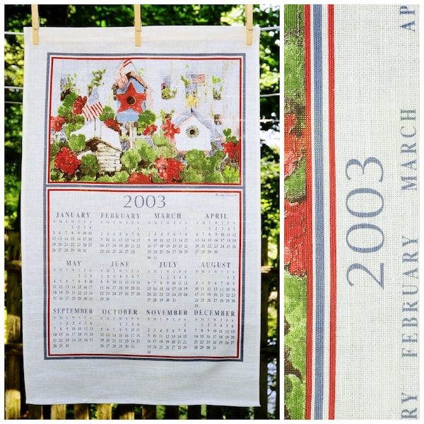 VTG 2003 / Summer Birdhouses, Flags & Red Geraniums / Calendar Towel / Cottagecore Farmcore / Housewarming Gift