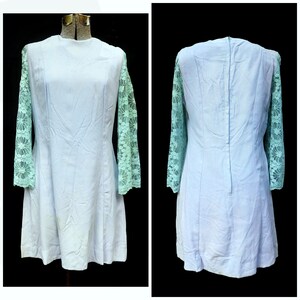 Vintage 60&#39;s / Blue/Gray Crepe Flirty Dress, Green Lace Sleeves / S-M / Costume Theater Upcycle Study