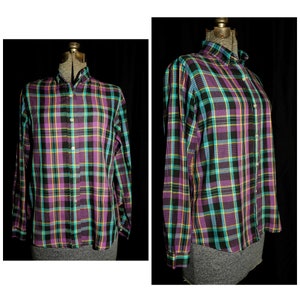VTG 70&#39;s / Lady Donlin / Plaid Cotton Blouse Shirt / Size SM / Jewel Tones Long Sleeve